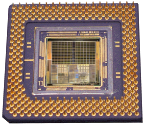 A typical CPU, turned over to show the pins that connect it to the motherboard