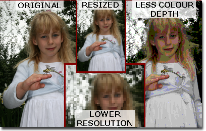 The effect of resizing and reducing colour depth and resolution on a bitmap image
