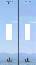 The same image saved as a JPEG and GIF, showing the GIF file allows transparency but the 256 colour limit causes banding with gradually changing colours such as the blue in the sky
