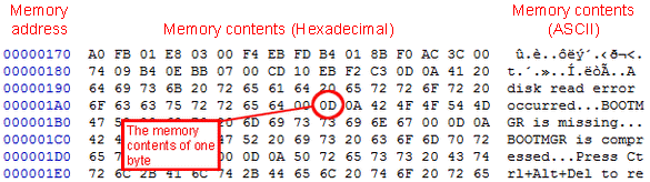A display of a portion of computer memory showing the use of hexadecimal and ASCII to make the contents easier to read