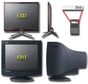 A comparison of CRT and LCD monitor dimensions, as well as a typical LCD calculator display